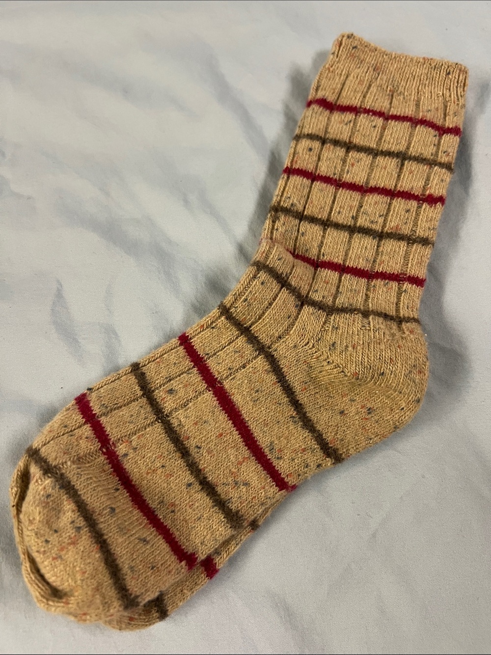 Vintage Neutral Tan Beige Cream Striped Wool Tall Crew Socks